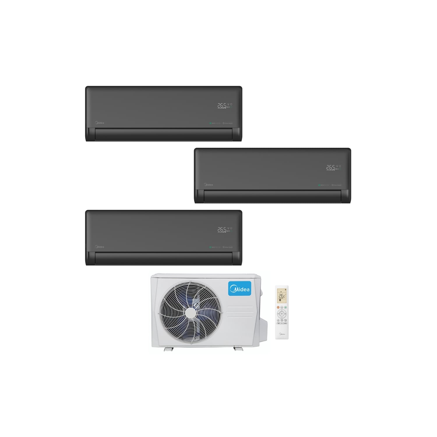  Ensemble Climatiseur Reversible Tri-split 5,2kw + 2,6 Kw + 2,6kw Mural Connecté Solstice Noir - Midea