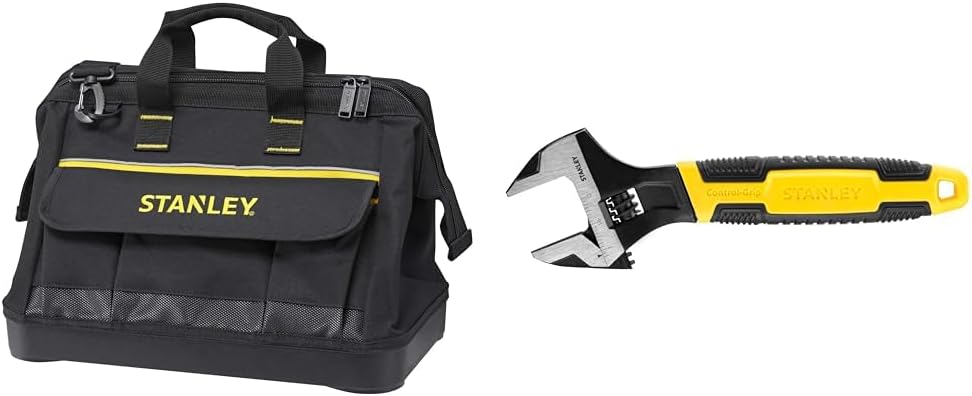  Stanley 1-96-183 Sac À Outils En Tissu 600 X 600 Deniers - Multi-Compartiments - Sangle Bandoulière & 090948 Clé à Molette MaxSteel 30 X 200 Mm