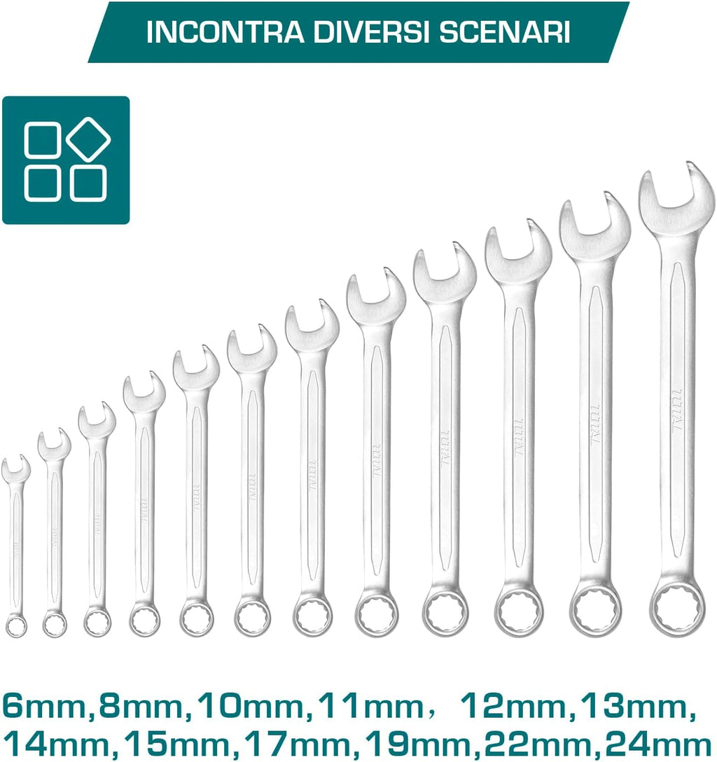  Total Tools - Sac Avec 12 Clés Mixtes | Mesures De 6 à 24 Mm | Clé Fixe Et Clé Coudée | Pour Serrer Ou Desserrer Les écrous Et Les Vis à Tête Hexagonale | Fabriqué En Chrome Vanadium