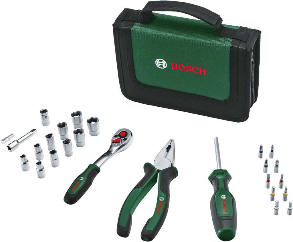  Set D’outils à Main « Mobility » 26 Pièces Bosch (compact Et Facile à Transporter Pour Travaux DIY ; Choix Idéal Pour La Route ; Cliquet 1/4" ; Pince Universelle ; Tournevis Universel ; Sac En Tissu)