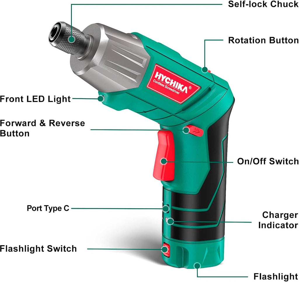  HYCHIKA Visseuse Sans Fil 6Nm, Visseuse Devisseuse Sans Fil 2.0Ah 3.6V Avec 35 Accessoires, Lampe LED, Câble USB Et Boîte De Rangement, Pour La Réparation Et Le Bricolage