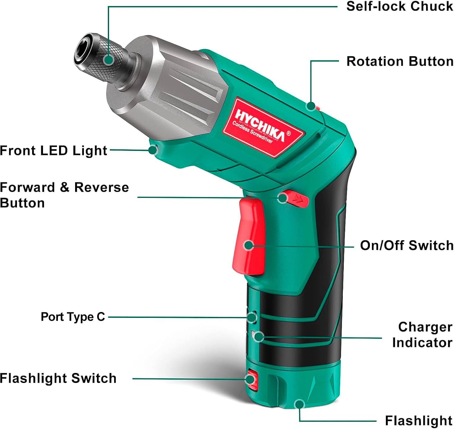  HYCHIKA Visseuse Sans Fil 6Nm, Visseuse Devisseuse Sans Fil 2.0Ah 3.6V Avec 35 Accessoires, Lampe LED, Câble USB Et Boîte De Rangement, Pour La Réparation Et Le Bricolage