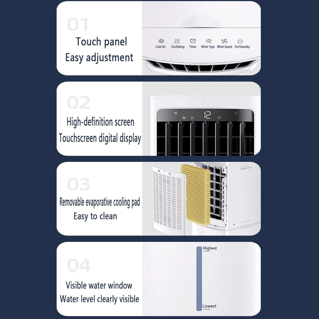  Climatiseur Mobile Sans Évacuation 12L 60W Refroidisseur Par évaporation Silencieux Avec Minuterie De 7.5H 3 Modes 40dB Réservoir D'eau Amovible Ventilateur Refroidisseur D'air Pour Chambre