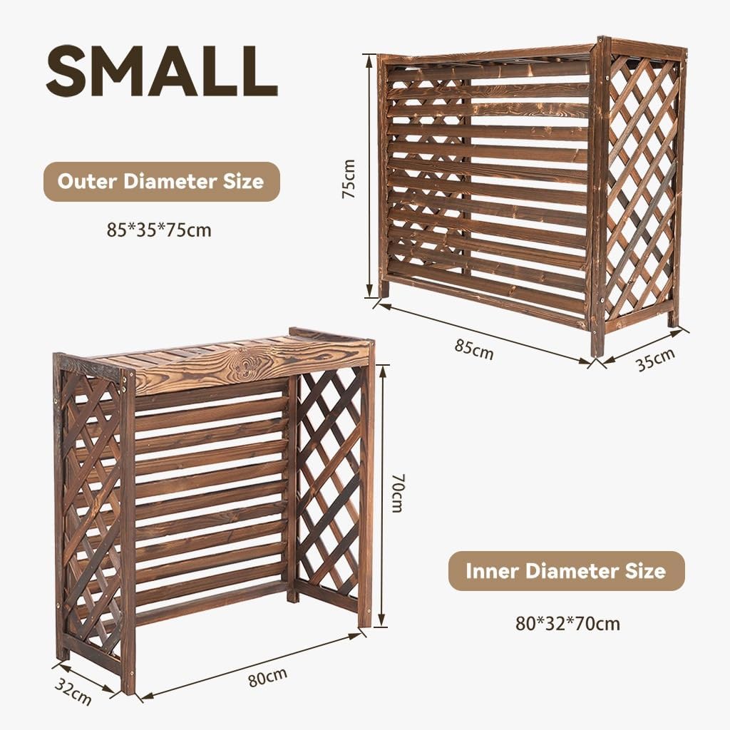  Marron Bois Massif Cache Climatiseur Exterieur Pour Unité Extérieure, Rétro Marron Climatisation Cadre Décoratif Pour Climatiseur Support Pour Plantes Et Fleurs(Small-85x35x75cm)