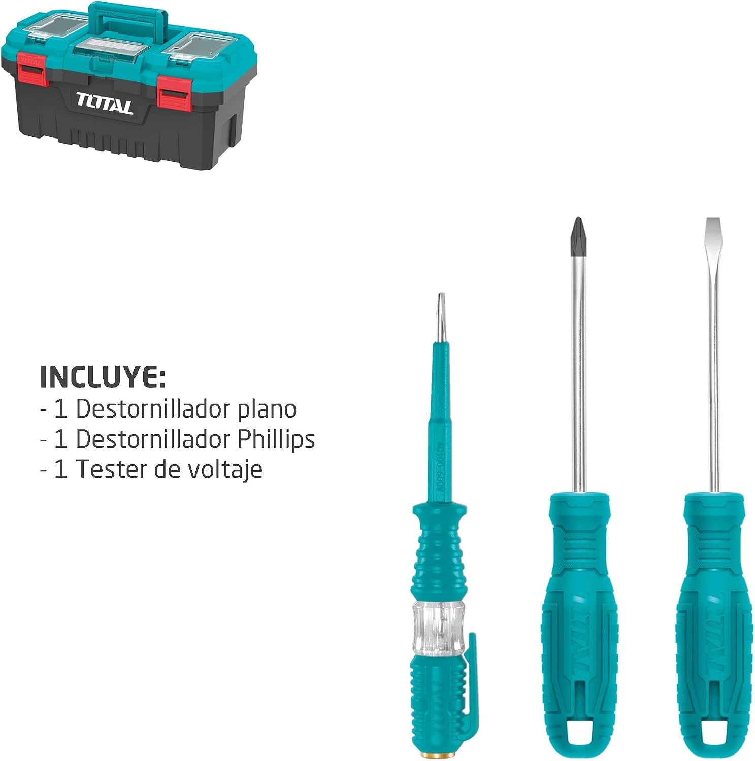  TOTAL - Boîte De 32 Outils 17" (43 Cm) | Pince, Clé, Tournevis Et Marteau Avec Tire-lave | Flexomètre, Embouts Et Arc De Scie | Testeur De Tension