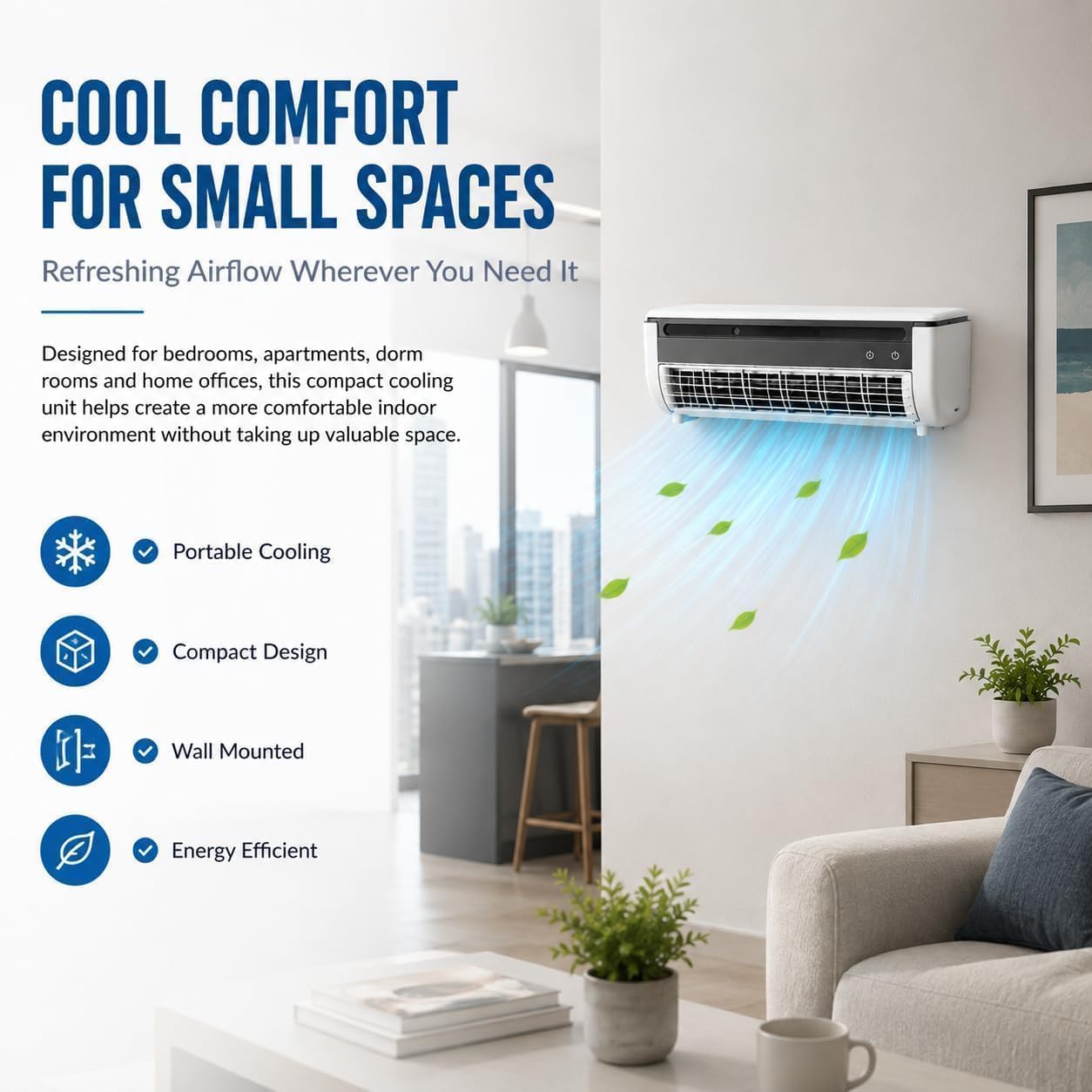  Climatiseur Mural à Chargement Sans Fil, Unité De Climatisation Murale Portable Pour Cuisine, Chambre à Coucher, Ventilateur De Refroidissement Sans Perçage, Refroidissement Instantané Pour (Blanc)