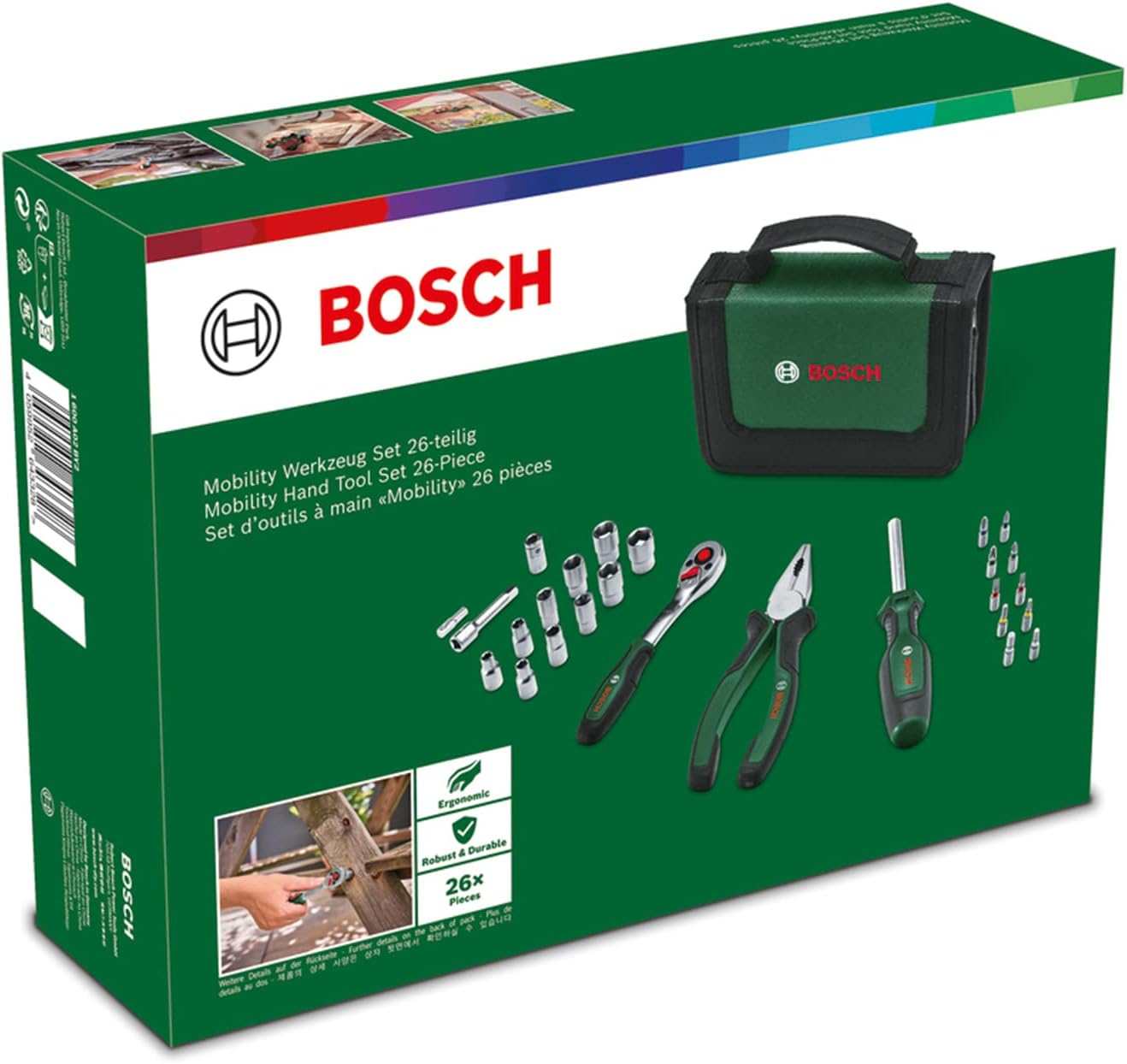  Set D’outils à Main « Mobility » 26 Pièces Bosch (compact Et Facile à Transporter Pour Travaux DIY ; Choix Idéal Pour La Route ; Cliquet 1/4" ; Pince Universelle ; Tournevis Universel ; Sac En Tissu)
