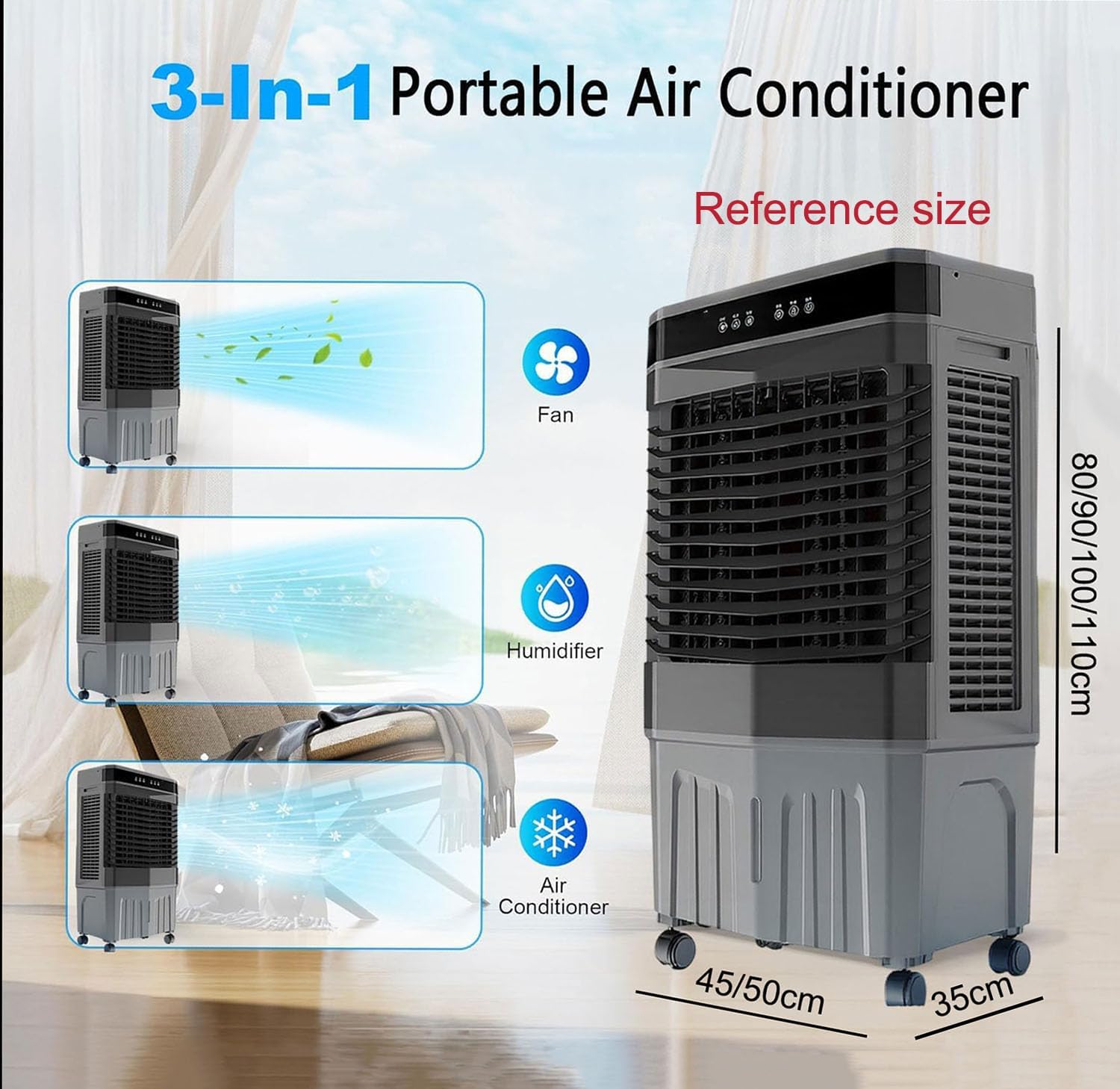 GENERIC Refroidisseur évaporatif, Oscillation 120°, 3 Vitesses, Télécommande, Minuterie 12H, Ventilateur De Marécage Portable De Grand Réservoir Pour Le Patio De L'ambiance Garage Faible Bruit Efficace Refroi