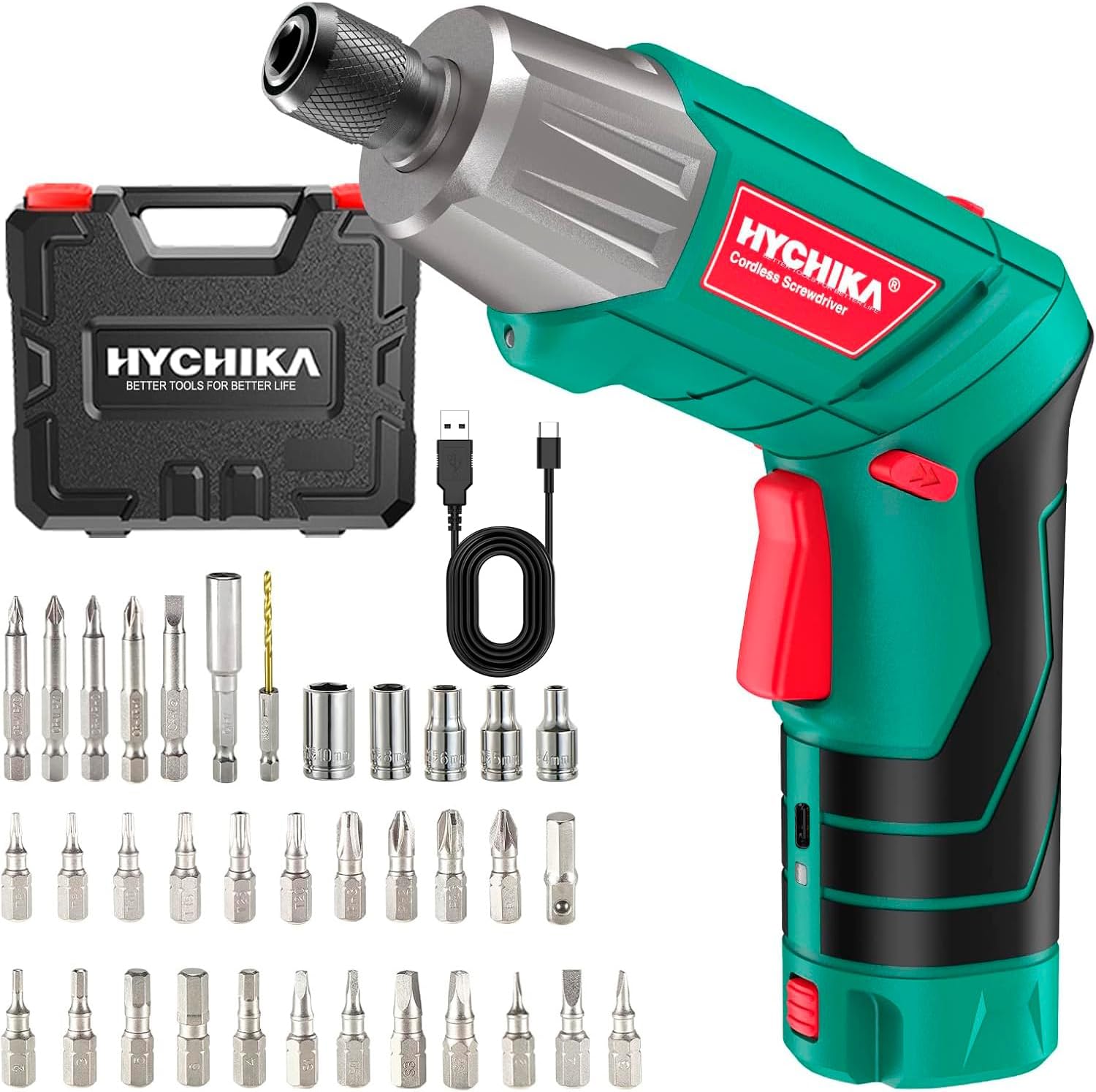  HYCHIKA Visseuse Sans Fil 6Nm, Visseuse Devisseuse Sans Fil 2.0Ah 3.6V Avec 35 Accessoires, Lampe LED, Câble USB Et Boîte De Rangement, Pour La Réparation Et Le Bricolage