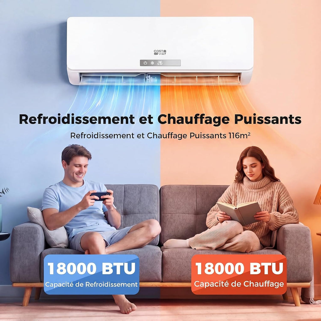  COSTWAY Climatiseur Reversible 18000 BTU 5,1 KW, Climatiseur Split R32, Chauffage, Refroidissement, Déshumidification, Clim Inverter Silencieux 19 DB, Auto-Nettoyage (18000 BTU|5,1 KW - Blanc Wifi)