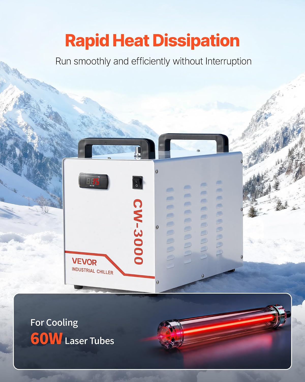 VEVOR Refroidisseur D'Eau Industriel CW-3000 Refroidisseur D'Eau Réservoir 9 L Système De Refroidissement Pour Machine De Gravure Laser Et Tube Laser, Débit Maximal 10 L/min, Ventilateur Haute Vitesse