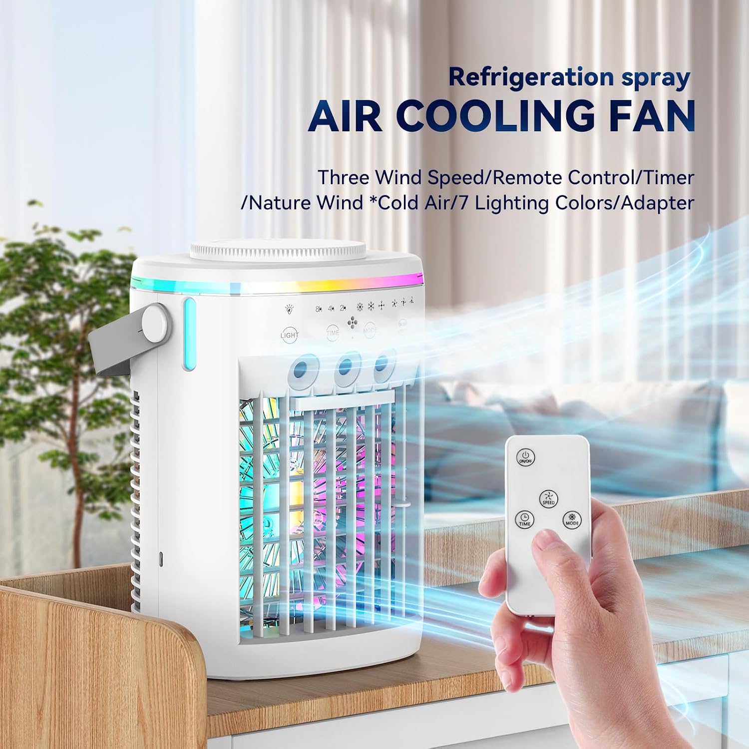  Climatiseur Portable, Refroidisseur D'air évaporatif, Minuterie 2-4-8H Smart Auto-Off & Remote, Réservoir D'eau, Trois Buses à Ultrasons, Climatiseur Personnel à 3 Vitesses