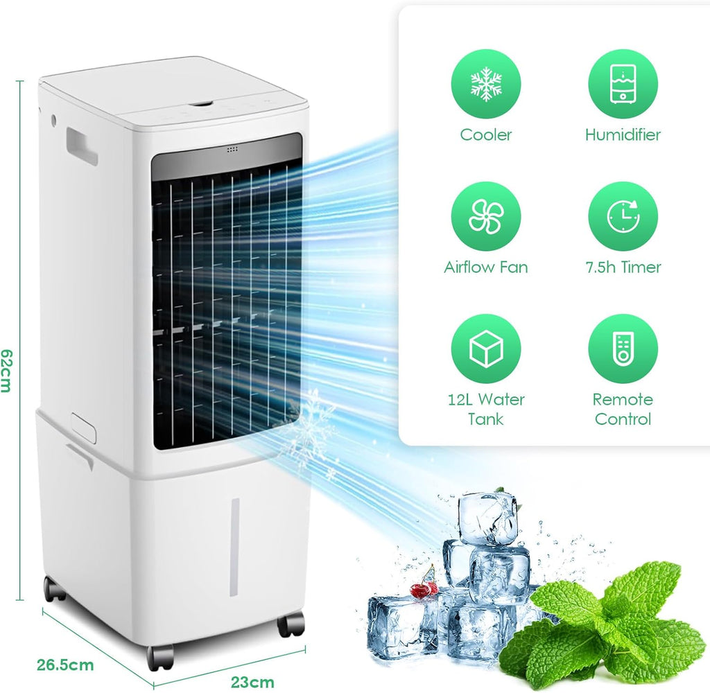 GENERIC Refroidisseur D'air Portable 12L, Refroidisseur évaporatif Avec Télécommande, Ventilateur De Tour Sans énergie D'économie D'énergie De 45W, Minuterie 7.5H, Oscillation Silencieuse, Unité De Climatisat