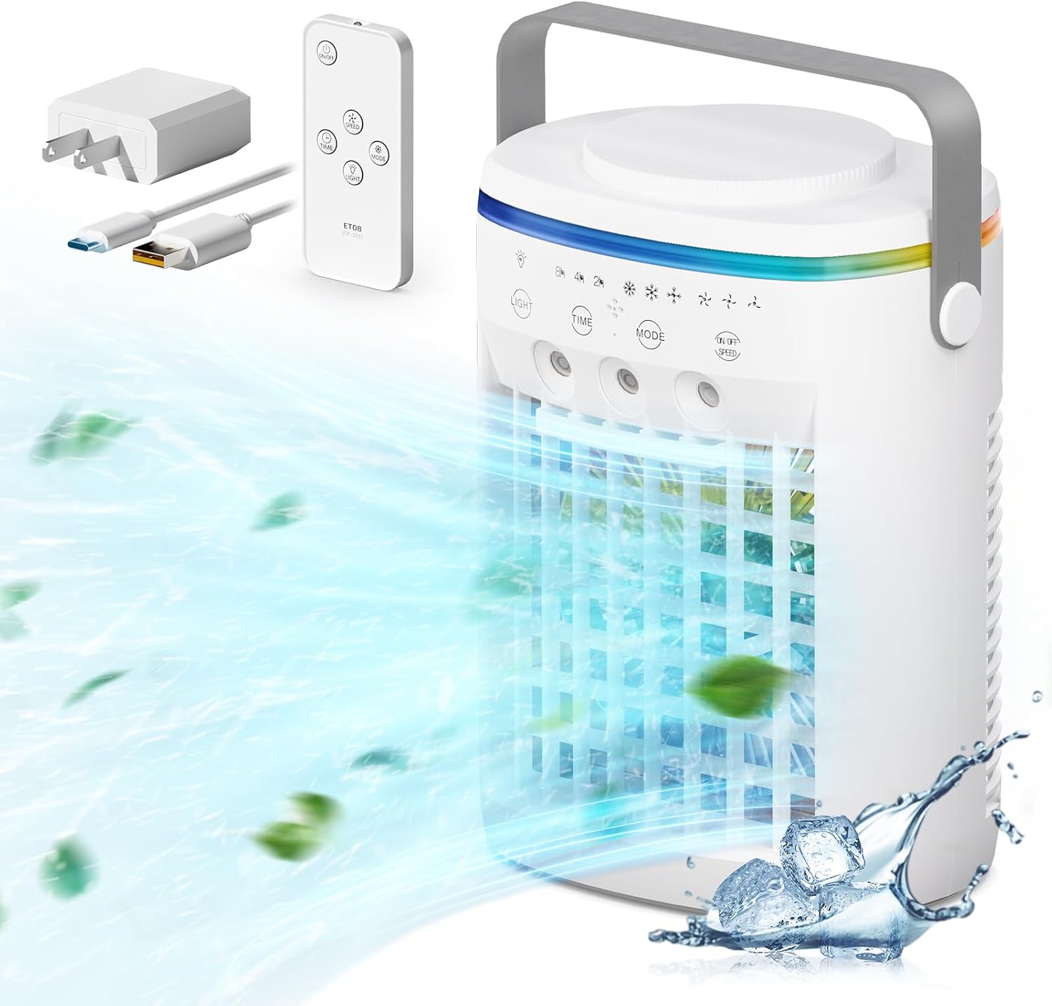  Climatiseur Portable, Refroidisseur D'air évaporatif, Minuterie 2-4-8H Smart Auto-Off & Remote, Réservoir D'eau, Trois Buses à Ultrasons, Climatiseur Personnel à 3 Vitesses