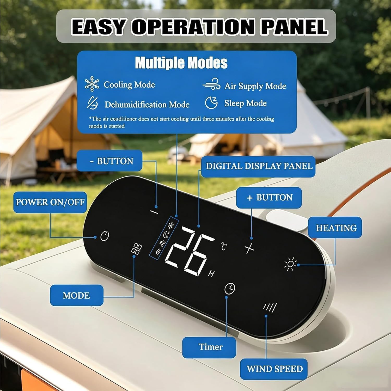  Climatiseur Mobile Camping 4800BTU,Module Chauffage Amovible, 3 Vitesses,Minuterie 24H,Nuisance ≤40dB,Boîtier Résistant,pour Tente Caravane Camping-Car Vanlife Cooling&Heating