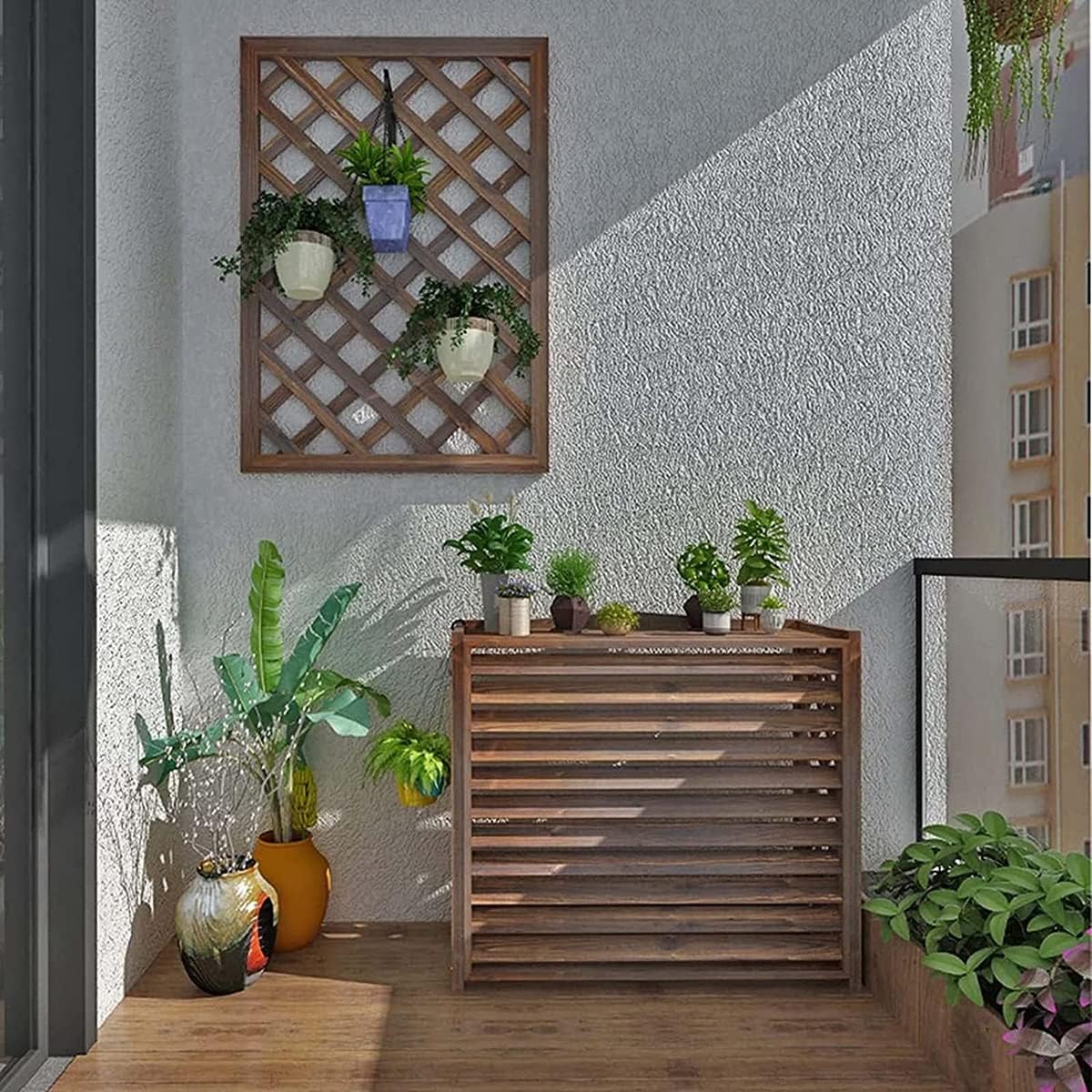  Housse De Climatiseur En Bois Pour Extérieur, Volets Décoratifs Et Grilles De Protection, Support De Climatisation Polyvalent Avec Support De Fleurs (taille : 105 X 47 X 140 Cm)