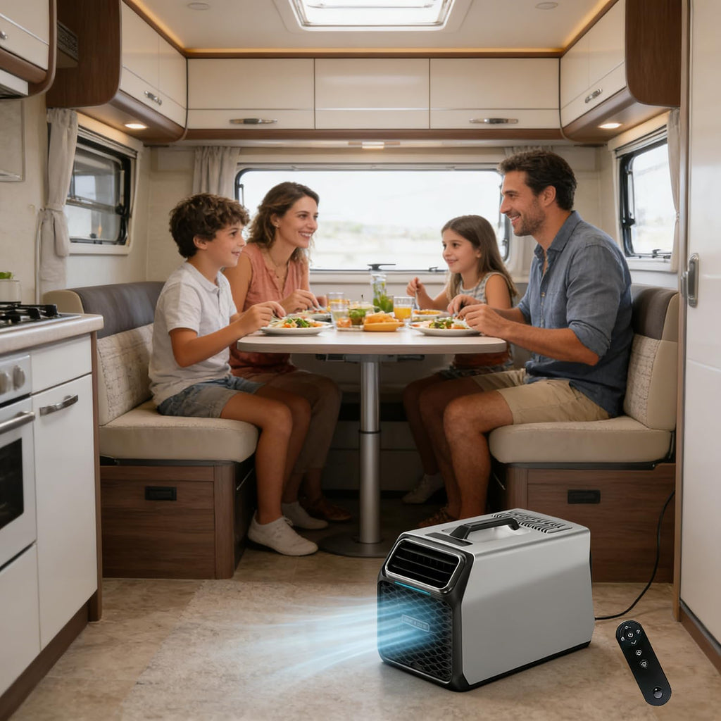  Climatiseur Portable Camping Car 5000 BTU, Climatiseur Pour Camping-Car Tente Camion Voiture, Refroidissement Rapide, Déshumidification, Climatiseur Mobile Silencieux 52 DB, Intérieur Extérieur Silver