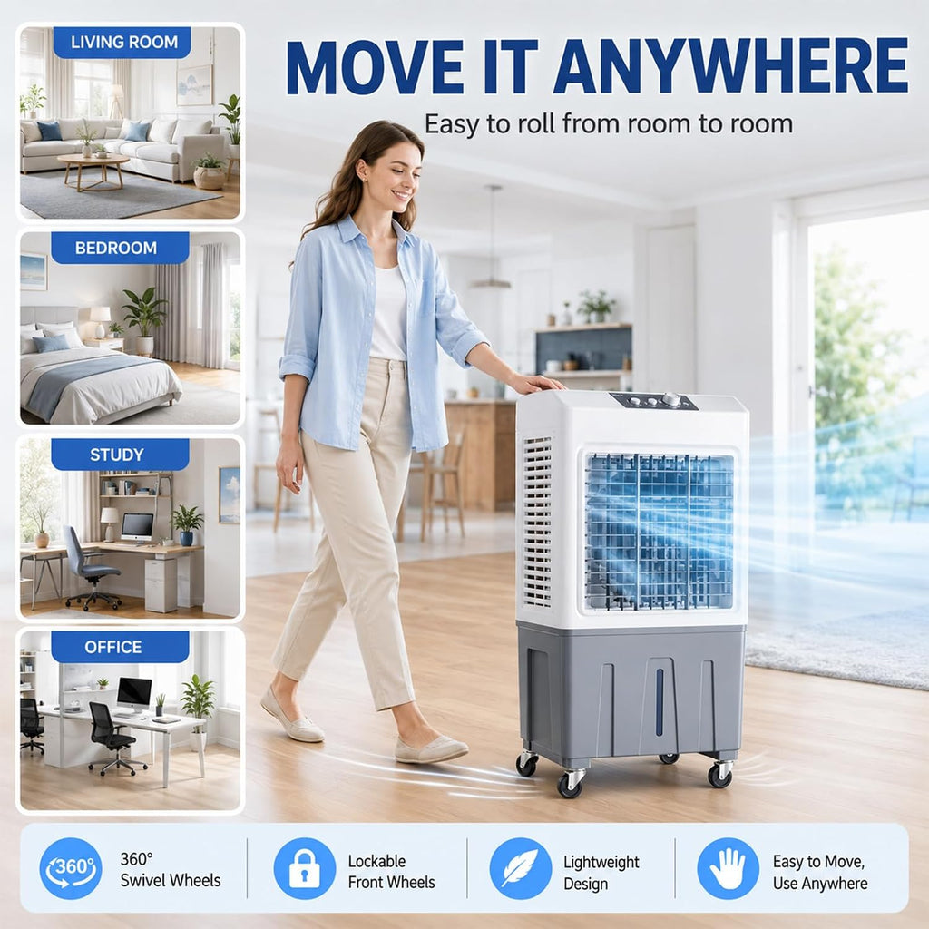  Rafraîchisseur D'Air Évaporatif Mobile Sans Tuyau D'Évacuation, Refroidisseur Silencieux 3 Vitesses, Refroidissement Jusqu'à 50m², Ventilateur Rafraîchissant Économique Pour Intérieur Ext 50*34*100cm
