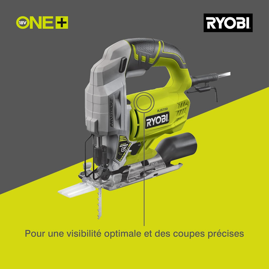  RYOBI - Scie Sauteuse 500W RJS750-G – Mouvement Pendulaire, Soufflerie Active, Changement Lame Sans Outil – Découpe Bois Et Métaux