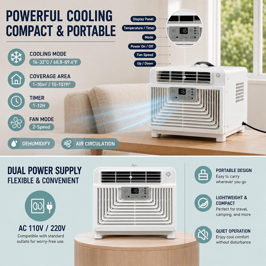  Mini Climatiseur Portable Prêt à L'Emploi, Idéal Pour Moustiquaires Et Chambres D'Étudiant, Ventilateur Et Déshumidificateur Silencieux, Minuterie Intelligente 12H Avec Écran Tactile
