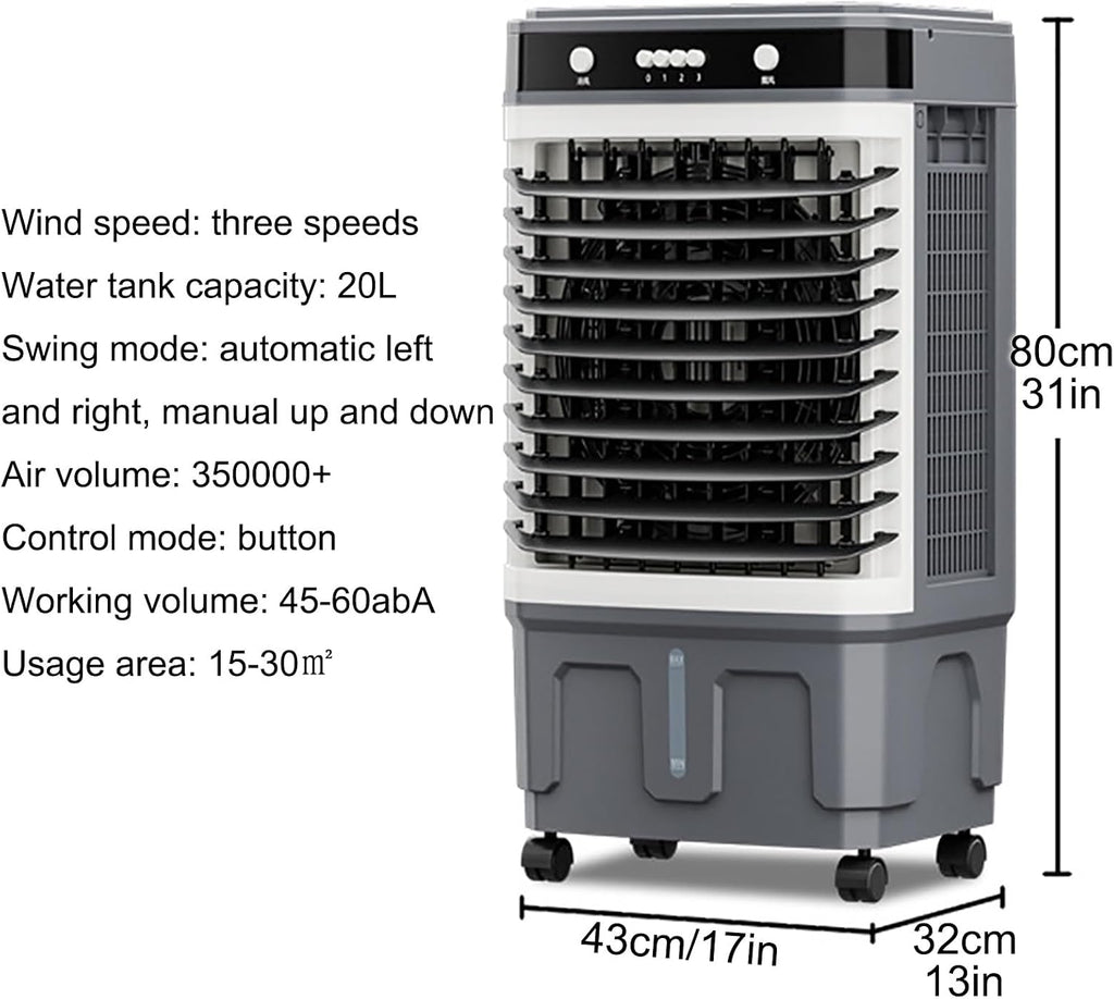  Refroidisseur D'air évaporatif Commercial 3 En 1 Avec Oscillation à 120°, 3 Vitesses De Ventilation, Réservoir D'eau Grande Capacité, Roues Pivotantes, Pour Grandes Pièces, Usine, Extérieur (80 X 43