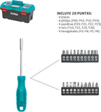  TOTAL - Boîte De 32 Outils 17" (43 Cm) | Pince, Clé, Tournevis Et Marteau Avec Tire-lave | Flexomètre, Embouts Et Arc De Scie | Testeur De Tension