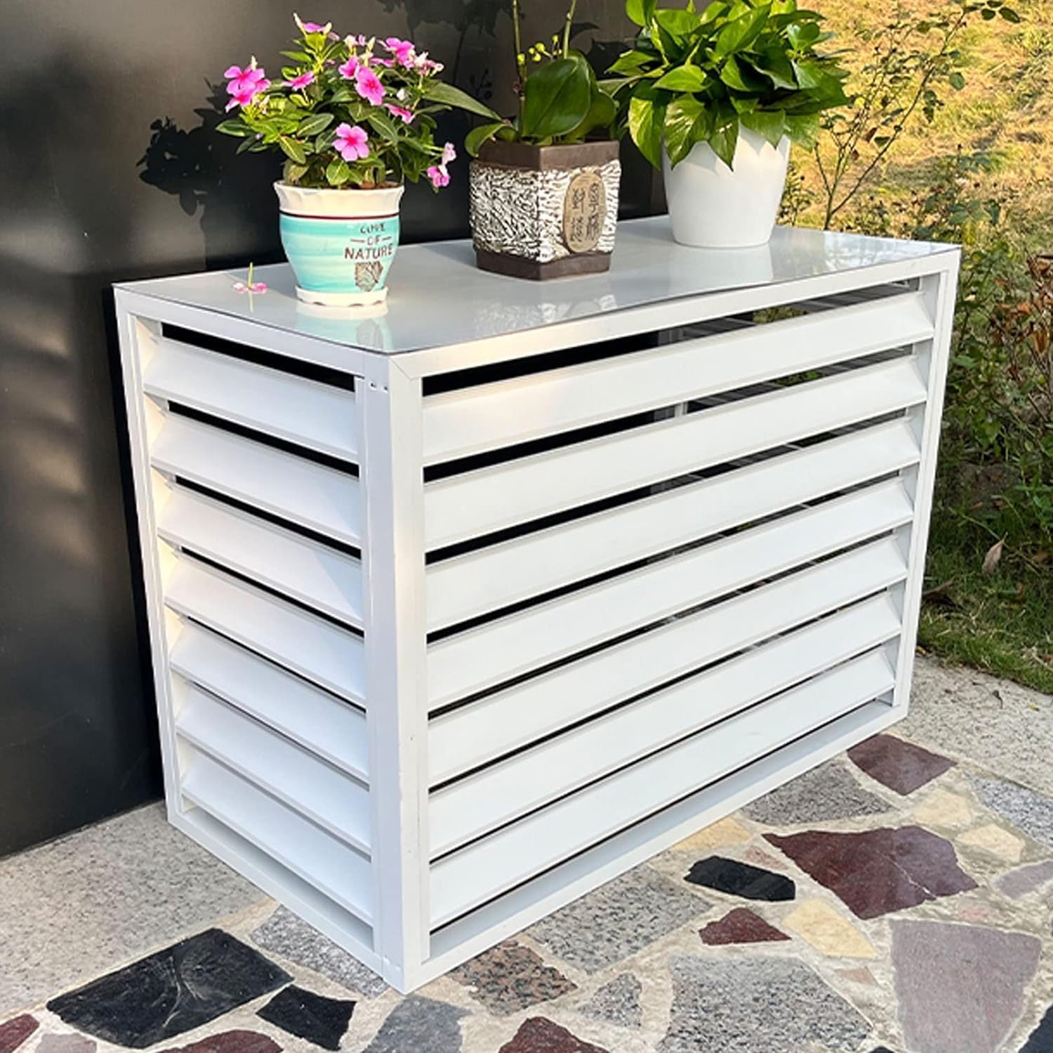  Housse D'unité De Climatisation Extérieure En Aluminium Et Protection De Pompe à Chaleur, Housse De Climatiseur Divisée Pour Réduction Du Bruit Et Support De Plantes, Bouclier Résistant Aux
