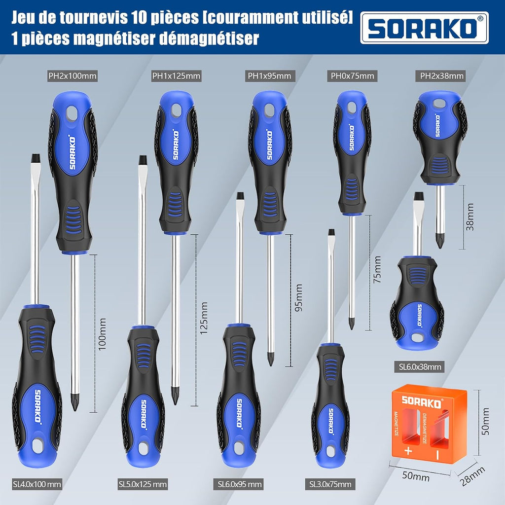  SORAKO Coffret Tournevis 11 Pièces, Avec Démagnétisation 2 En 1, Sac En Nylon Haute Densité, Pointe Magnétique, Poignée Antidérapante Professionnelle, Avec 5 Embouts Plats, 5 Cruciformes