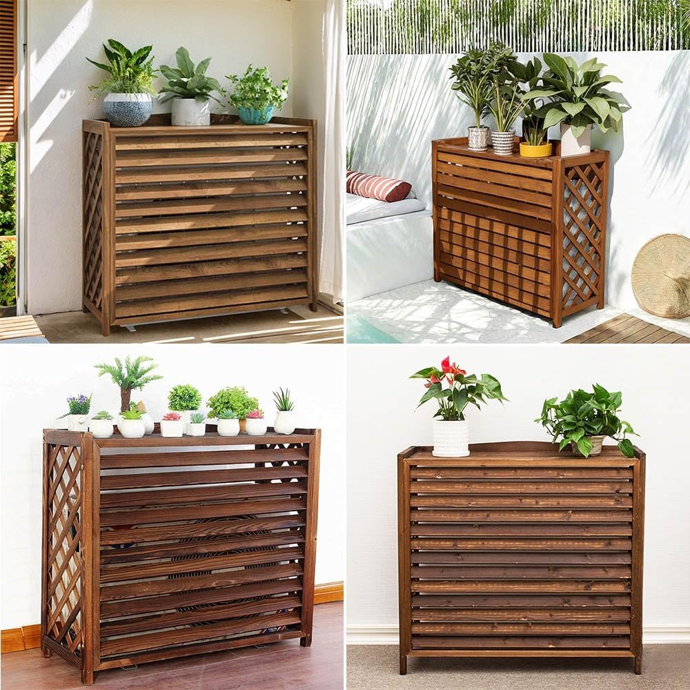  Marron Bois Massif Cache Climatiseur Exterieur Pour Unité Extérieure, Rétro Marron Climatisation Cadre Décoratif Pour Climatiseur Support Pour Plantes Et Fleurs(Small-85x35x75cm)