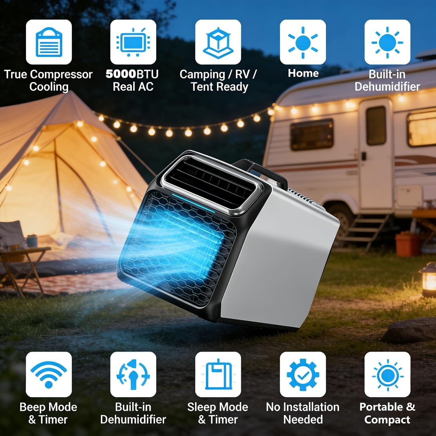  Climatisation à Courant Continu Portable 5000 BTU Avec Compresseur Pour Tente Camion De Camping-car, Auto-évaporation Au Calme Fonctionnement Timer Sleep Mode Dispositif De Refroidissement Pour Petits