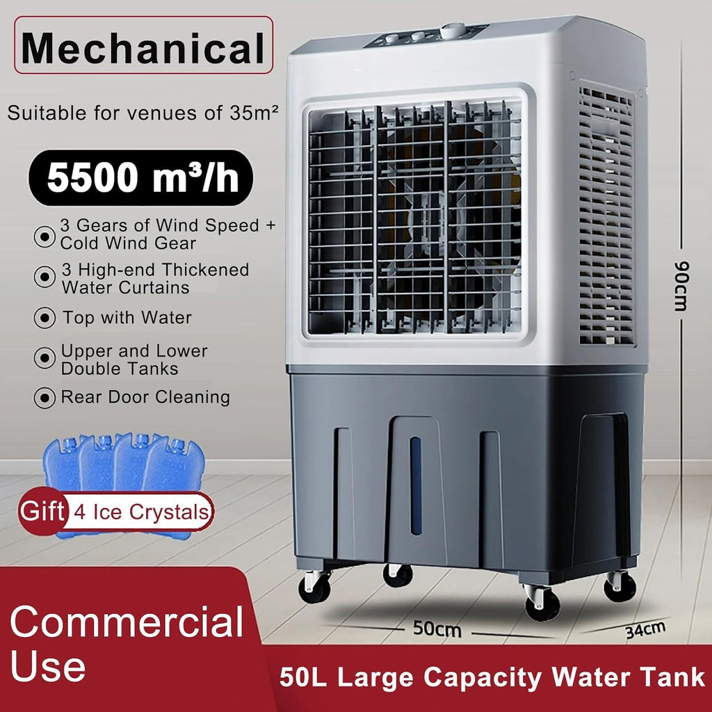  Ventilateur Refroidisseur D'air Évaporatif Commercial, Humidificateur Industriel, Climatiseur 3 En 1 200W, Grand Réservoir D'eau 50L, Refroidisseurs D'air Pour La Maison, Refroidir Jusqu'à 50 M² (Col