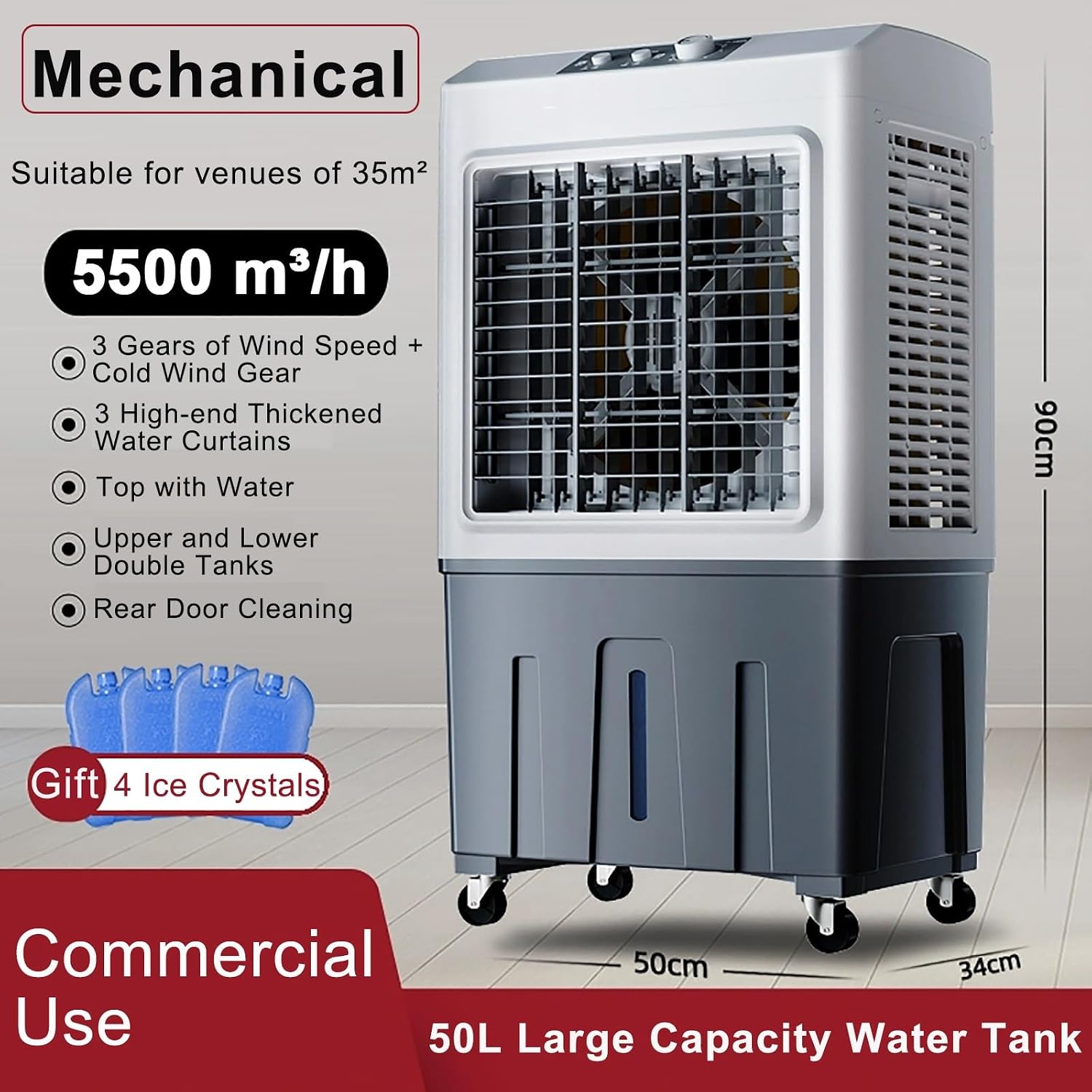  Ventilateur Refroidisseur D'air Évaporatif Commercial, Humidificateur Industriel, Climatiseur 3 En 1 200W, Grand Réservoir D'eau 50L, Refroidisseurs D'air Pour La Maison, Refroidir Jusqu'à 50 M² (Col