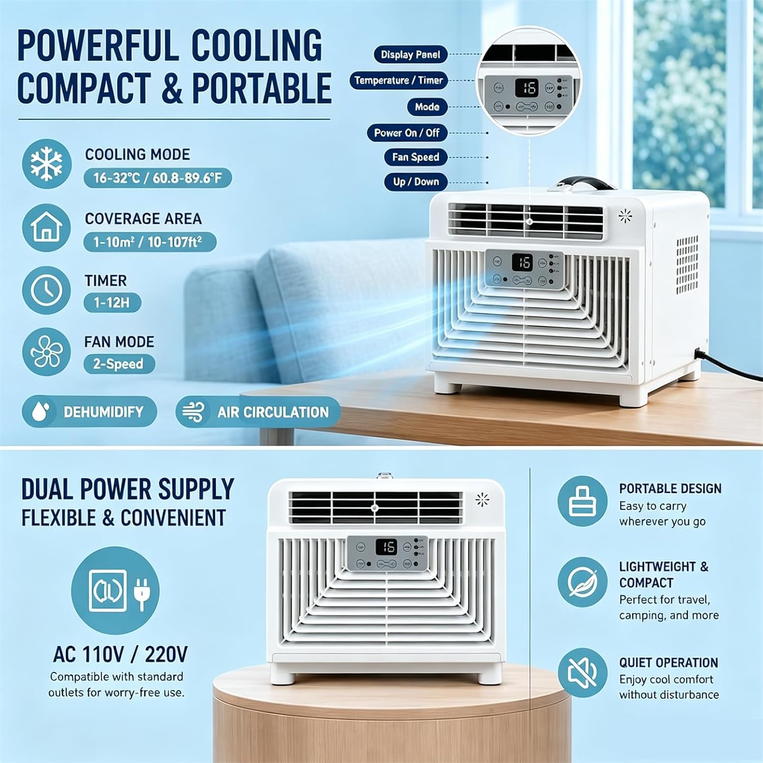  Climatiseur De Camping Portable 3400 BTU, Petit Climatiseur Silencieux 4 En 1 Avec Télécommande, Minuterie 1-12 H, Idéal Pour Tentes, Camping-Cars, Camions, Fourgonnettes, Caravanes Et Chambres