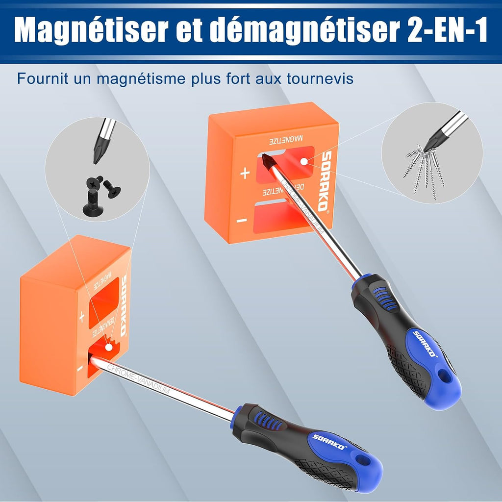  SORAKO Coffret Tournevis 11 Pièces, Avec Démagnétisation 2 En 1, Sac En Nylon Haute Densité, Pointe Magnétique, Poignée Antidérapante Professionnelle, Avec 5 Embouts Plats, 5 Cruciformes