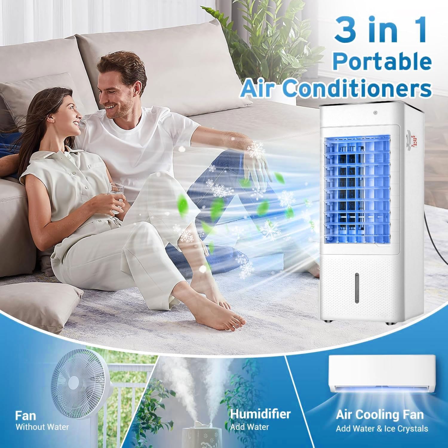 GENERIC Refroidisseur D'air évaporatif Avec Télécommande, Ventilateur De Refroidissement De Marais Portable, 12H Minuterie, 3 Vitesses, Mode De Sommeil Silencieux, Réservoir D'eau Double Pour Bureau De Chambr