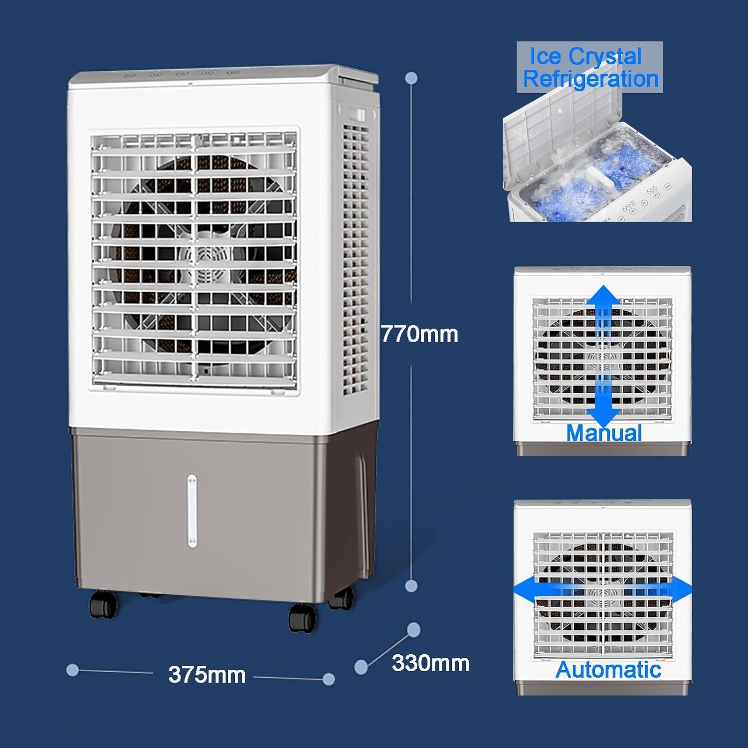 GENERIC Refroidisseur D'air évaporatif Portable, Réservoir De 50L Avec Télécommande, 3 Vitesses Et Minuterie, Ventilateur D'humidificateur Pour Garage Yard Office, Refroidissement Efficace à Faible Puissance