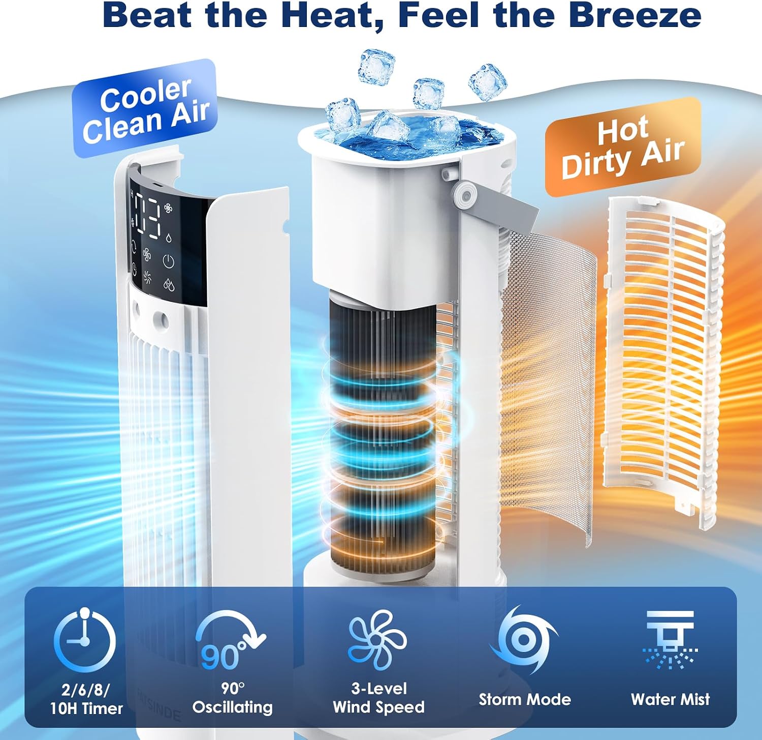  Climatiseur Mobile Silencieux 4 En 1 Ventilateur Rafraichisseur D'air Avec 4 Vitesses De Ventilation, 2 Modes De Pulvérisation, Oscillation à 90° Et Minuterie Pour Chambre Cuisine Bureau, Blanc