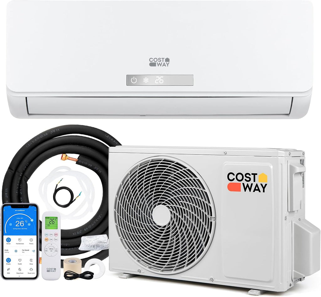  COSTWAY Climatiseur Reversible 18000 BTU 5,1 KW, Climatiseur Split R32, Chauffage, Refroidissement, Déshumidification, Clim Inverter Silencieux 19 DB, Auto-Nettoyage (18000 BTU|5,1 KW - Blanc Wifi)