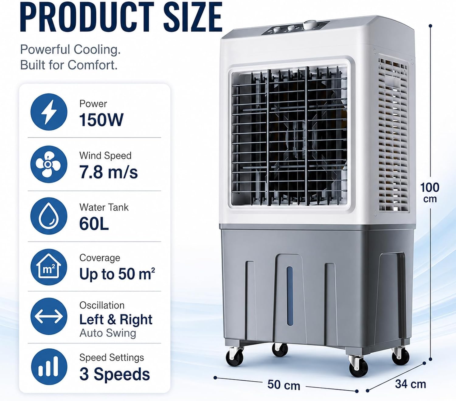  Rafraîchisseur D'Air Évaporatif Mobile Sans Tuyau D'Évacuation, Refroidisseur Silencieux 3 Vitesses, Refroidissement Jusqu'à 50m², Ventilateur Rafraîchissant Économique Pour Intérieur Ext 50*34*100cm