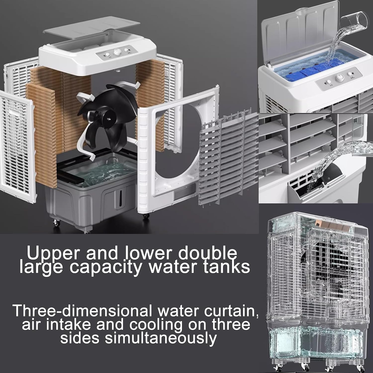 GENERIC Refroidisseur D'air Portable Avec Réservoir De 55L, Ventilateur D'évaporation à 3 Vitesses, Vent Oscillant Pour Les Dortoirs De Bureau De La Pièce, Roues De Mouvement Facile, Fonctionnement Silencieux