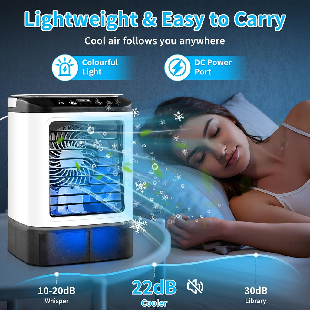  Climatiseur Portable 2026 – Mini Rafraîchisseur D’Air & Humidificateur 4 Vitesses Avec Bac à Glaçons, Réservoir 900 Ml, 2 Modes Brume, LED – Ventilateur Mobile Pour Bureau, Camping Et Maison