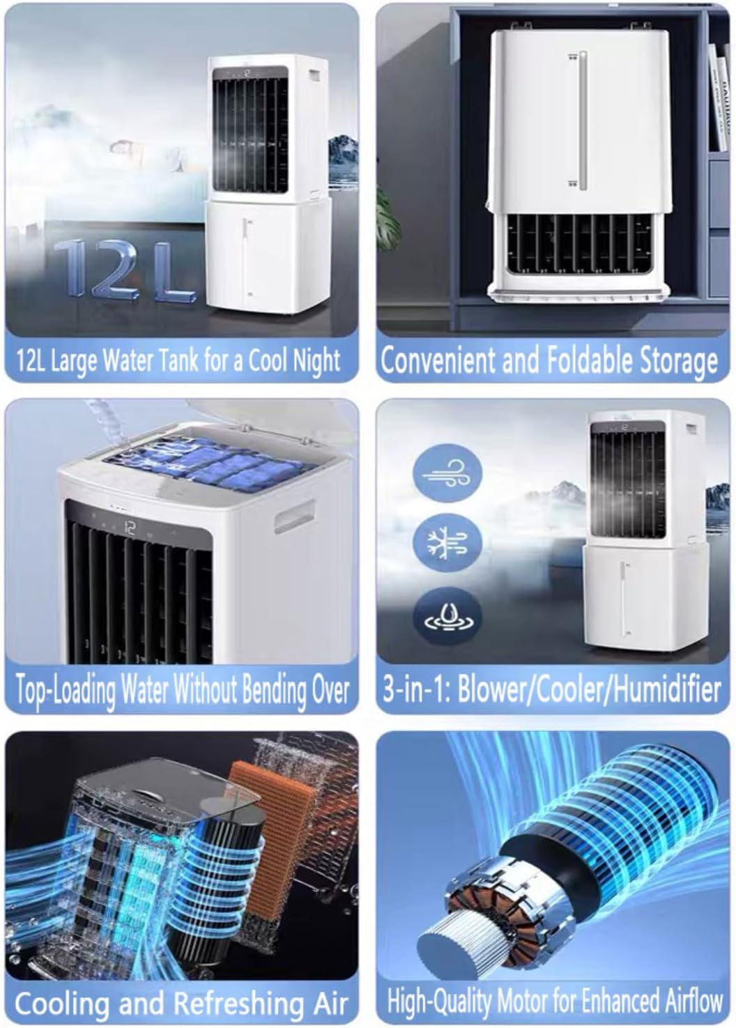 Climatiseur Mobile Sans Évacuation 12L 60W Refroidisseur Par évaporation Silencieux Avec Minuterie De 7.5H 3 Modes 40dB Réservoir D'eau Amovible Ventilateur Refroidisseur D'air Pour Chambre