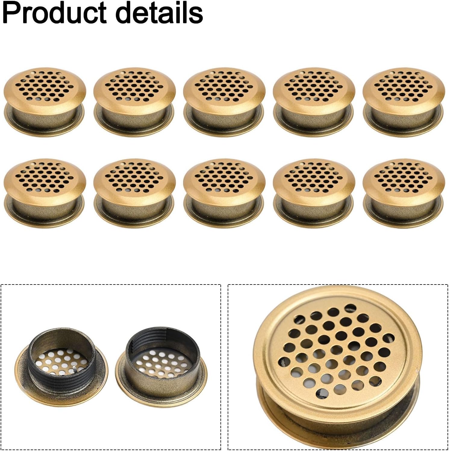  Lot De 2 Cache-grilles D'aération Pour Meubles, Grille D'aération En Acier Inoxydable, Design Double Face, Prévention De L'humidité, Maille Persienne De 35 Mm, Doré, Pour Armoire à
