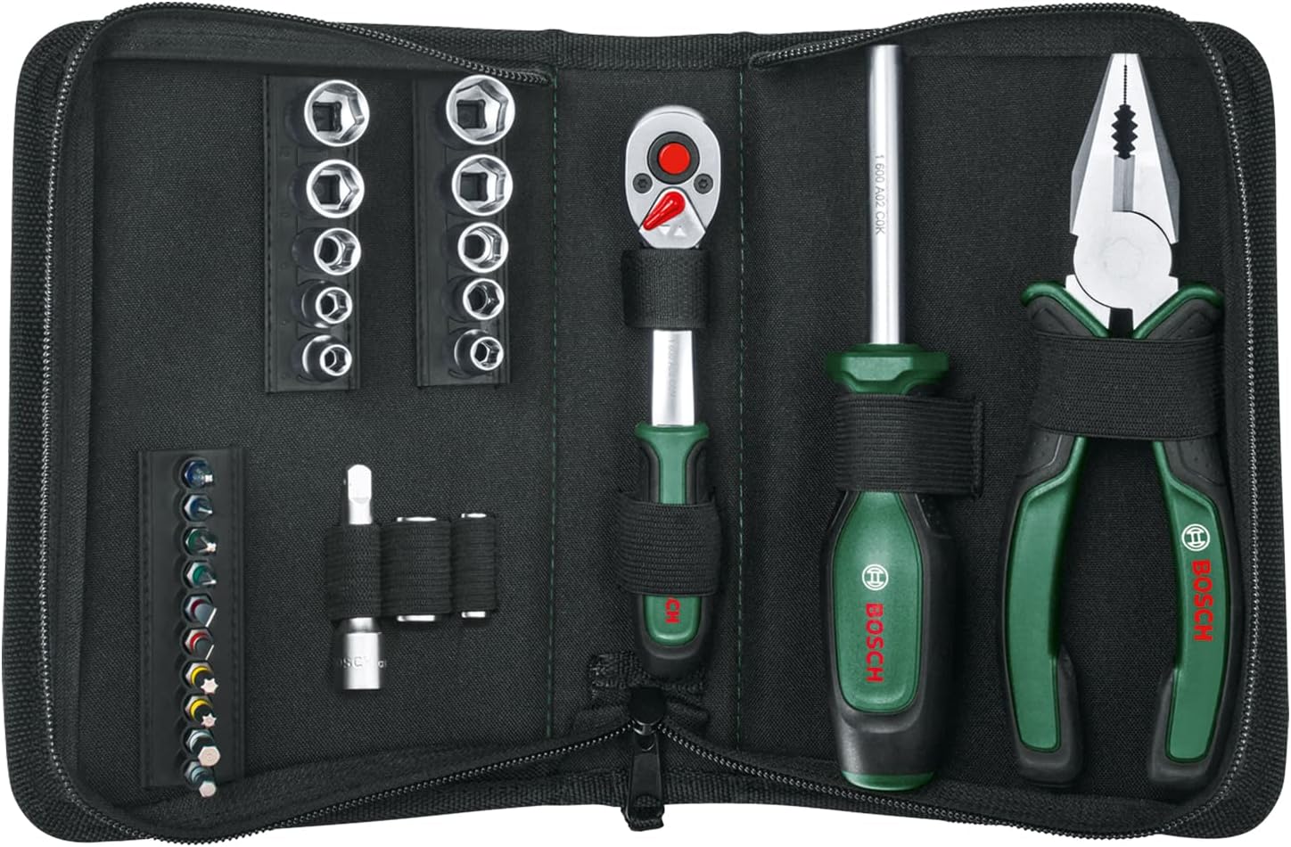  Set D’outils à Main « Mobility » 26 Pièces Bosch (compact Et Facile à Transporter Pour Travaux DIY ; Choix Idéal Pour La Route ; Cliquet 1/4" ; Pince Universelle ; Tournevis Universel ; Sac En Tissu)
