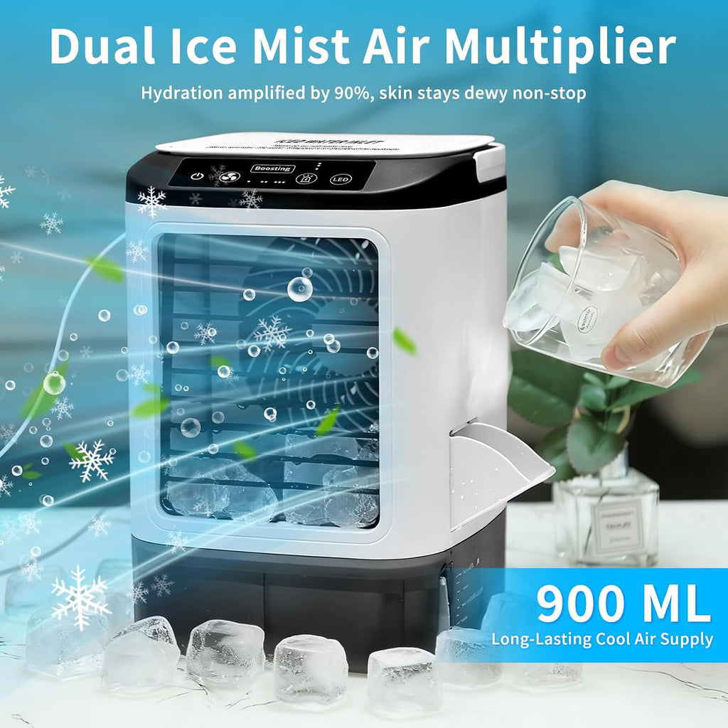  Climatiseur Portable 2026 – Mini Rafraîchisseur D’Air & Humidificateur 4 Vitesses Avec Bac à Glaçons, Réservoir 900 Ml, 2 Modes Brume, LED – Ventilateur Mobile Pour Bureau, Camping Et Maison