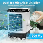  Climatiseur Portable 2026 – Mini Rafraîchisseur D’Air & Humidificateur 4 Vitesses Avec Bac à Glaçons, Réservoir 900 Ml, 2 Modes Brume, LED – Ventilateur Mobile Pour Bureau, Camping Et Maison