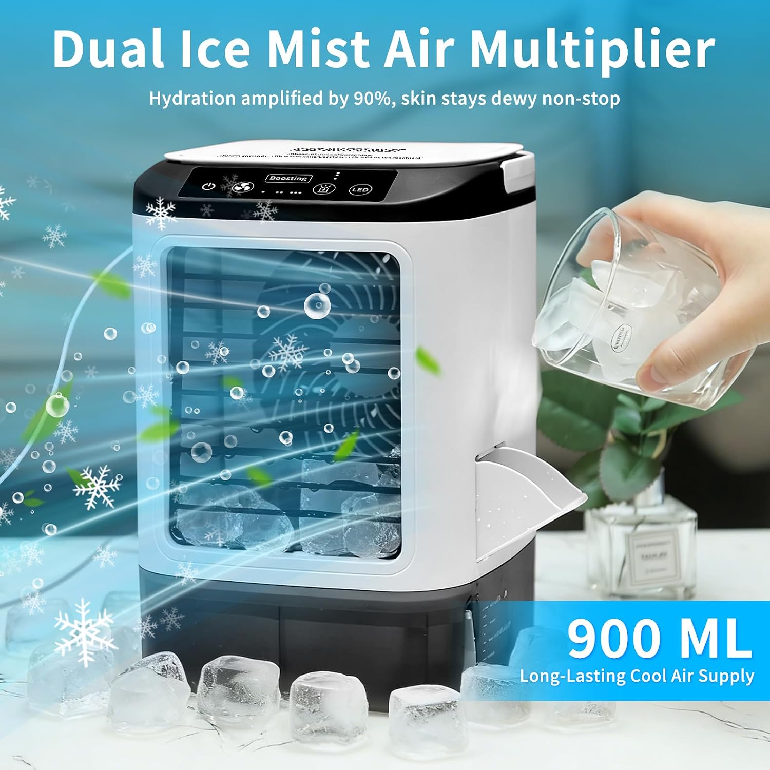  Climatiseur Portable 2026 – Mini Rafraîchisseur D’Air & Humidificateur 4 Vitesses Avec Bac à Glaçons, Réservoir 900 Ml, 2 Modes Brume, LED – Ventilateur Mobile Pour Bureau, Camping Et Maison