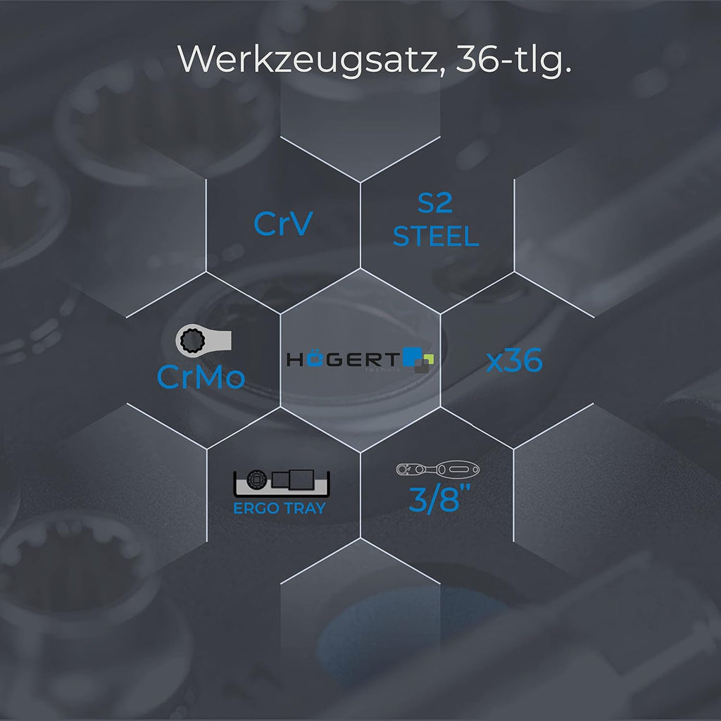  Högert Technik - Trousse à Outils, Coffret D'Outils 3/8" - HT1R465, 36 Pièces