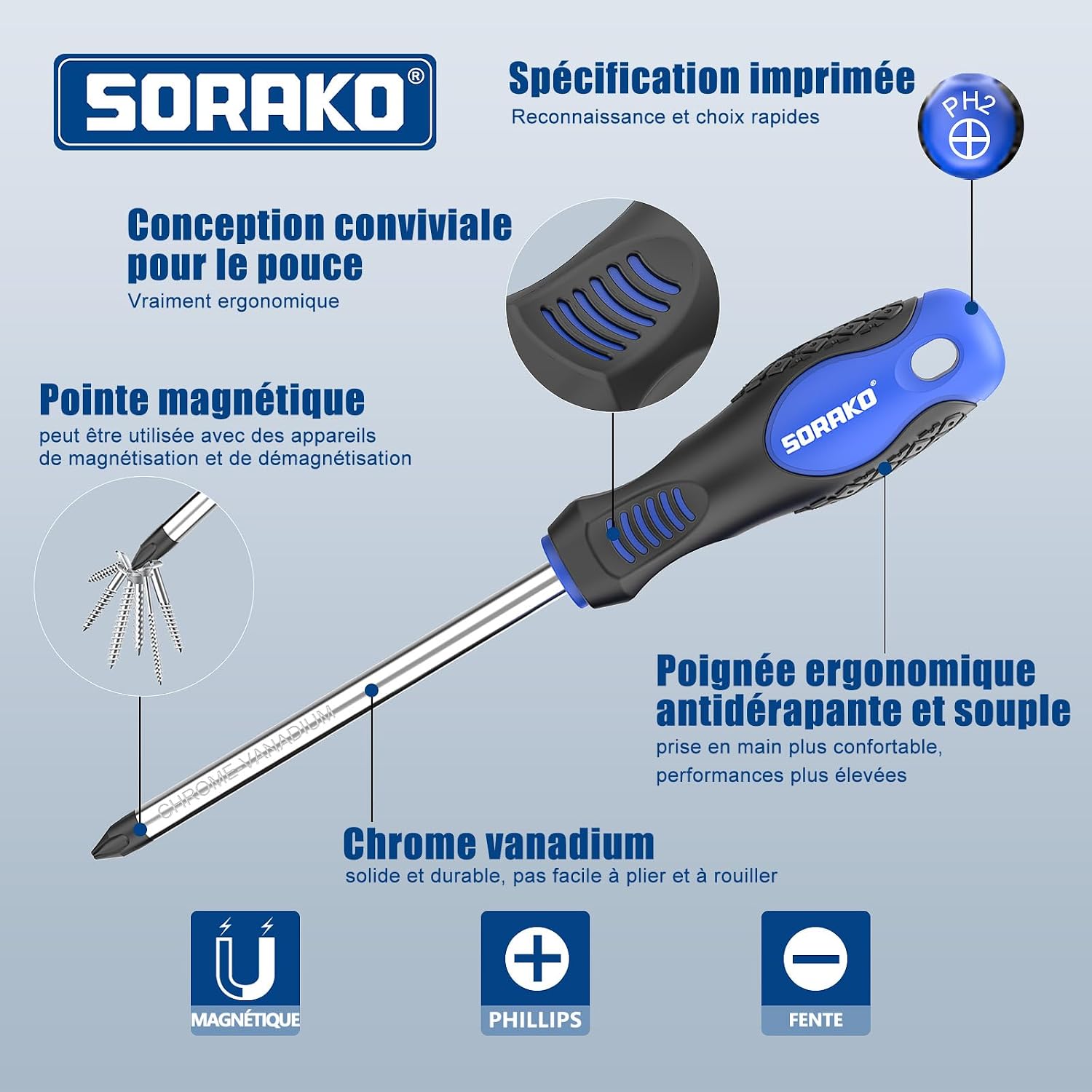  SORAKO Coffret Tournevis 11 Pièces, Avec Démagnétisation 2 En 1, Sac En Nylon Haute Densité, Pointe Magnétique, Poignée Antidérapante Professionnelle, Avec 5 Embouts Plats, 5 Cruciformes