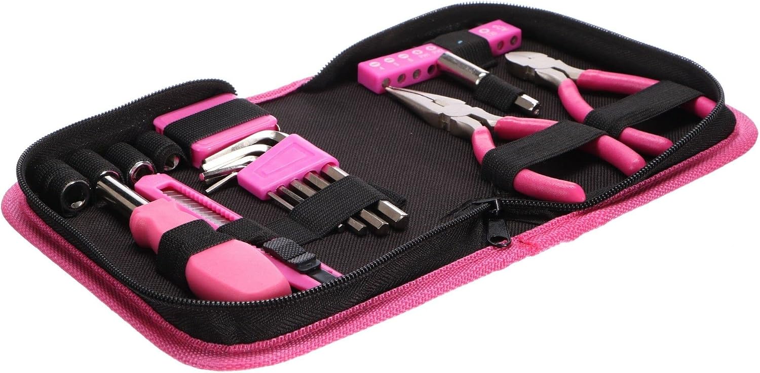  HOME PINK 26 | Kit D’outils 26 Pièces | Étui Textile Rose à Fermeture éclair | Réparations Domestiques